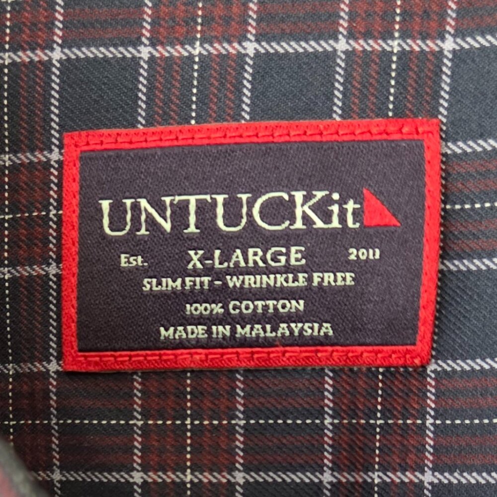 NWOT-UNTUCKit Slim-Fit Wrinkle Free Shirt Navy Burgundy Plaid LS Men XL